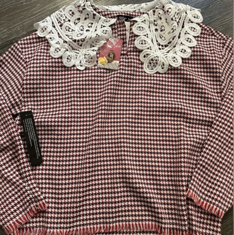 NWT Sister Jane Lace Collar Houndstooth Blouse Red/Black/White